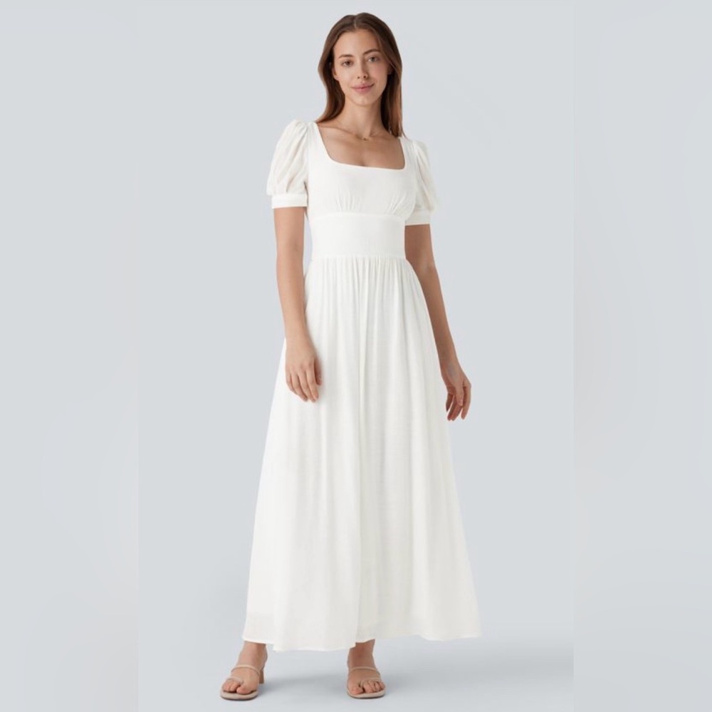 NWT Halara Square Neck Puff Sleeve Lace Up Cinched Waist Flowy Maxi Dress. Large